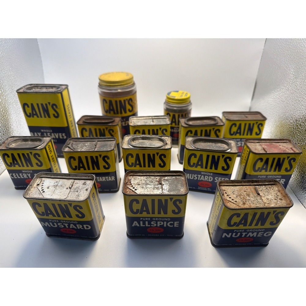 Vintage Cains Spice Tin Lot 15pc Yellow Navy Blue Kitchen Advertising Decor